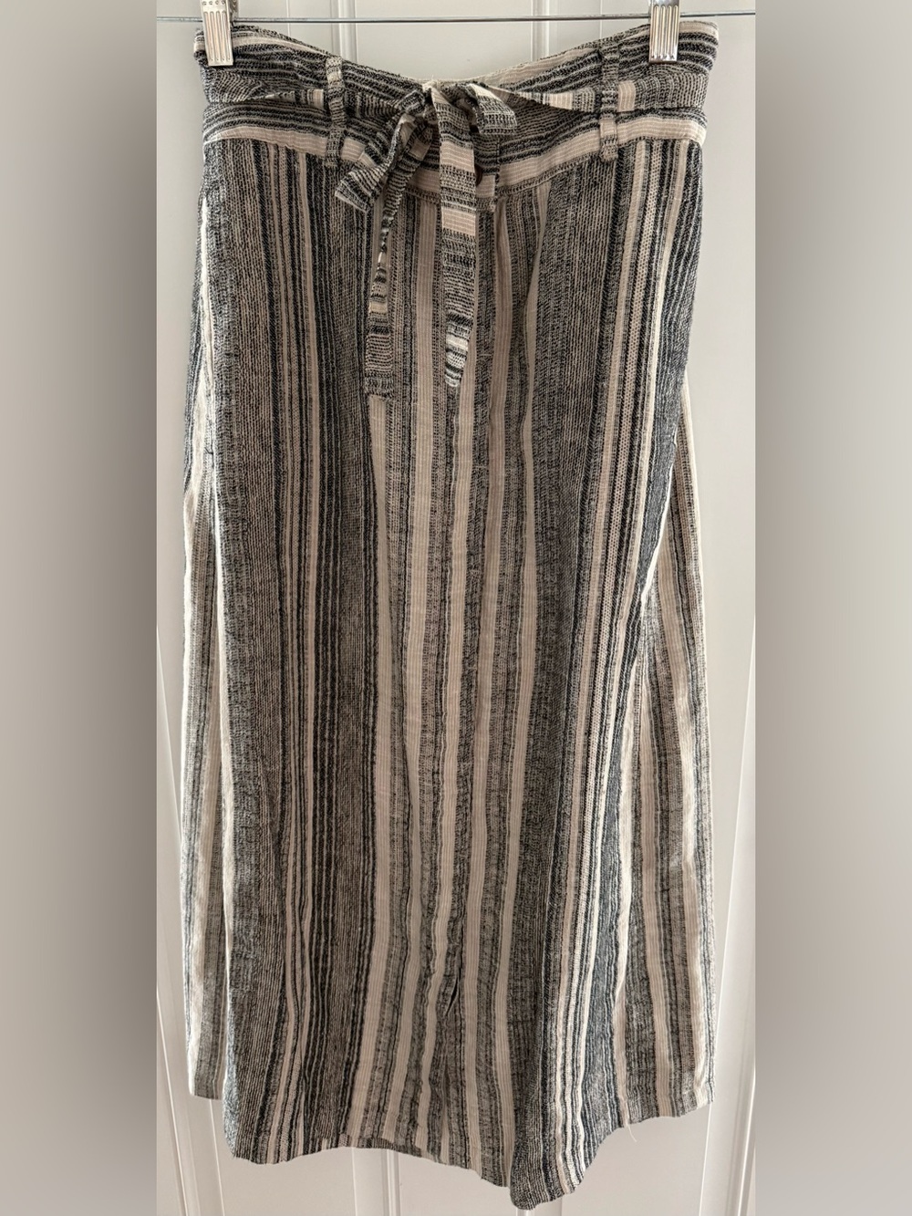 Poetry Fashion London 100% Linen Striped Tie-Waist Midi Skirt in Black and Cream